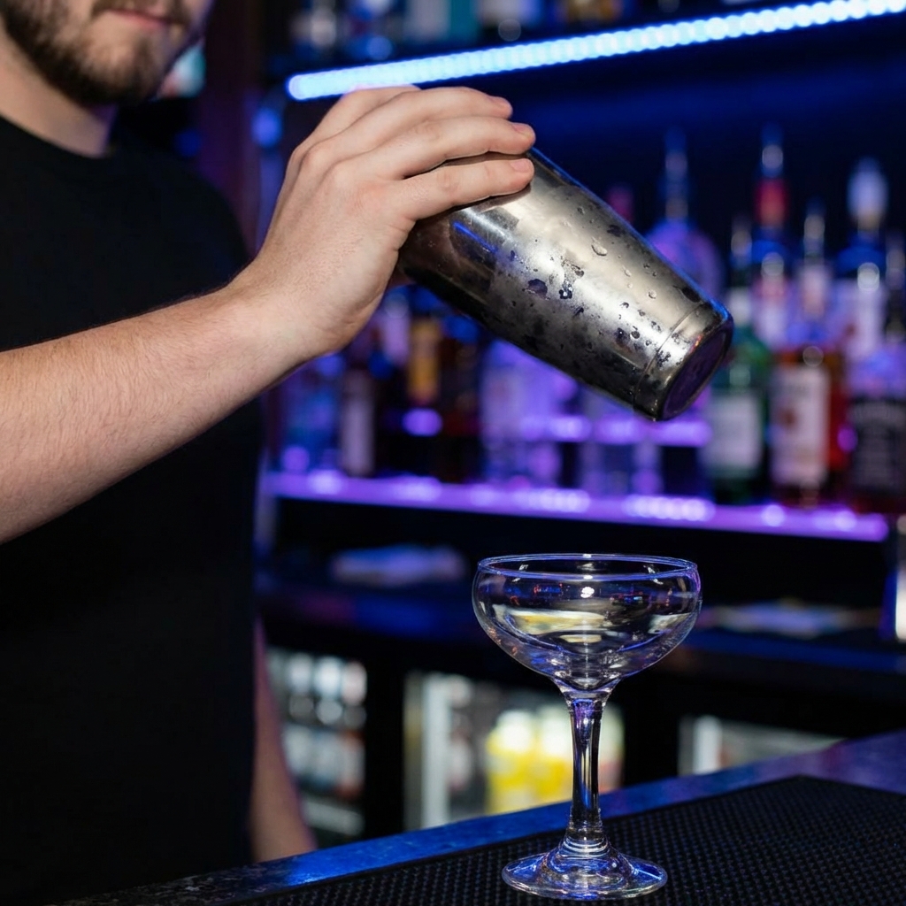 A hand holding a cocktail shaker mid-shake with a coupe glass waiting on the counter