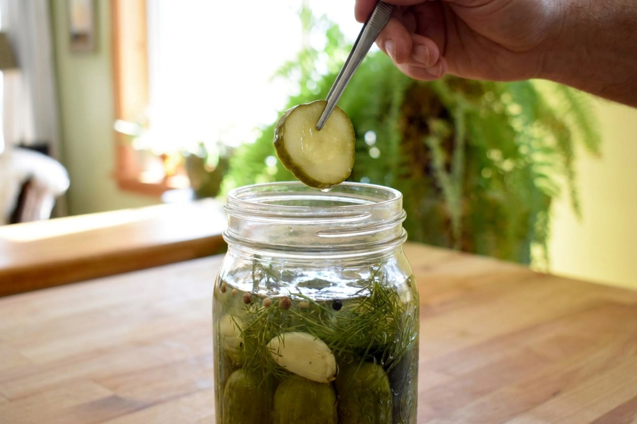 A hand holding a crisp pickle slice over an open jar, with dill and peppercorns visible in the brine