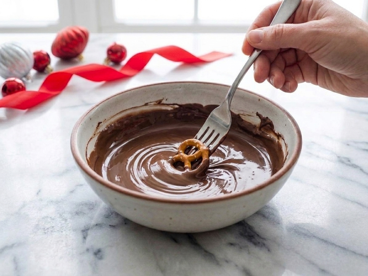 A hand holding a fork dipping a pretzel twist into melted chocolate over a bowl on a kitchen counter