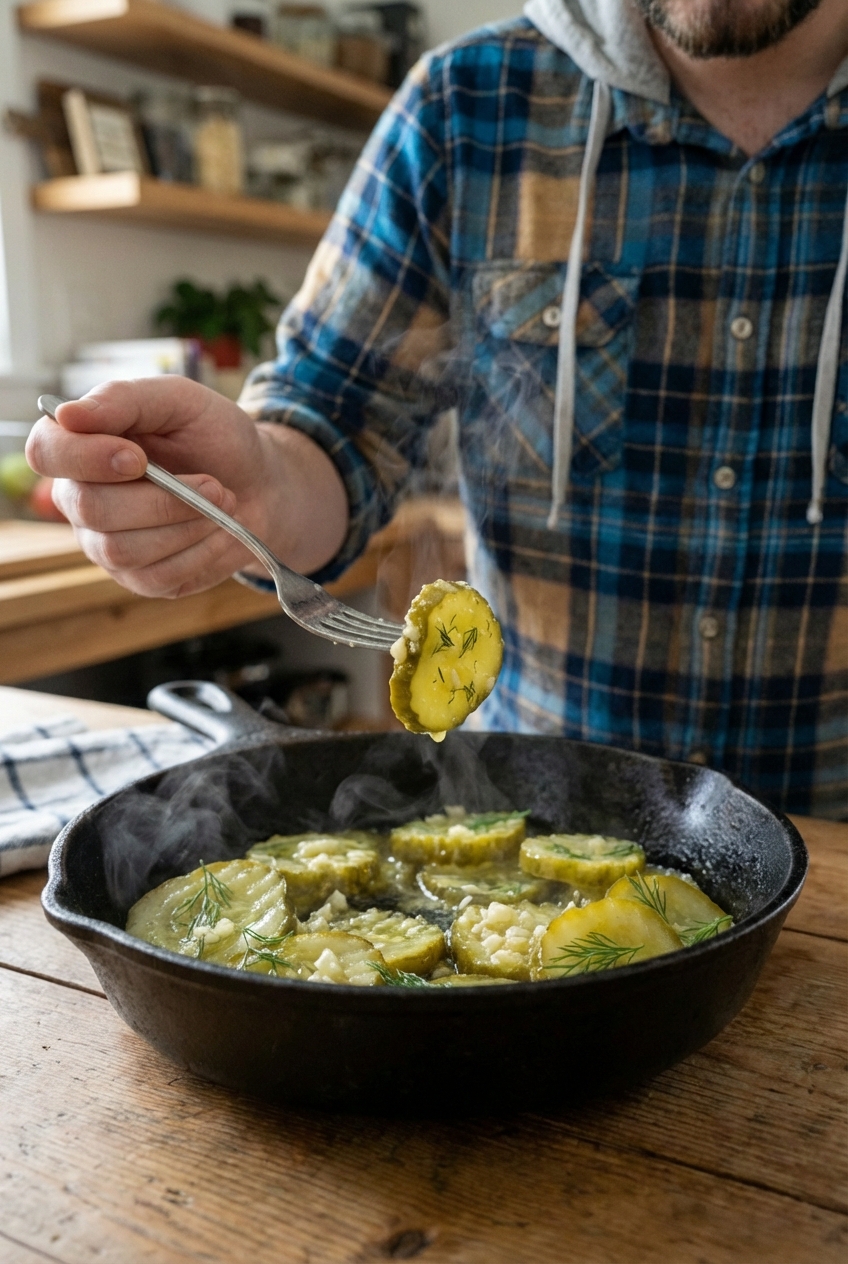 A hand holding a fork with a warm buttery pickle slice above a skillet