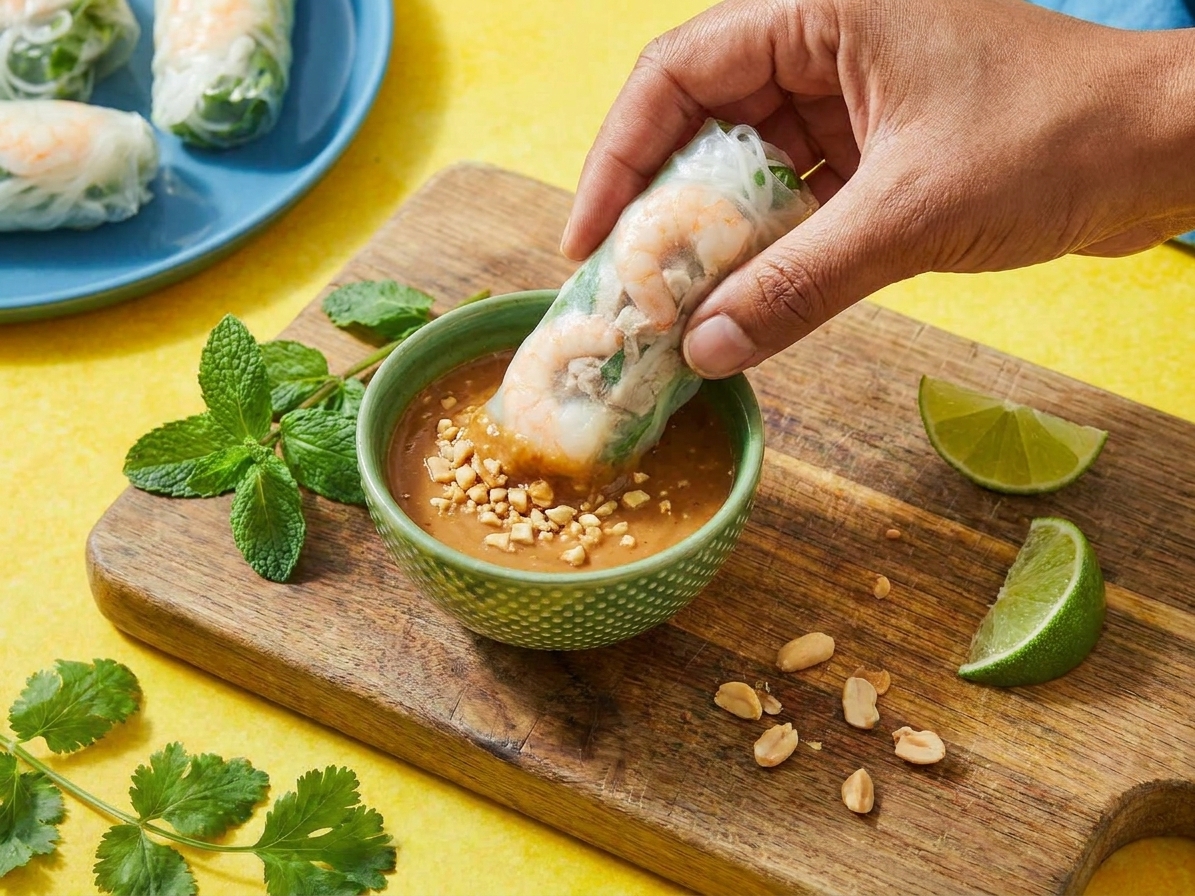 A hand holding a fresh Vietnamese spring roll mid-dip into a bowl of peanut sauce on a wooden table with scattered herbs