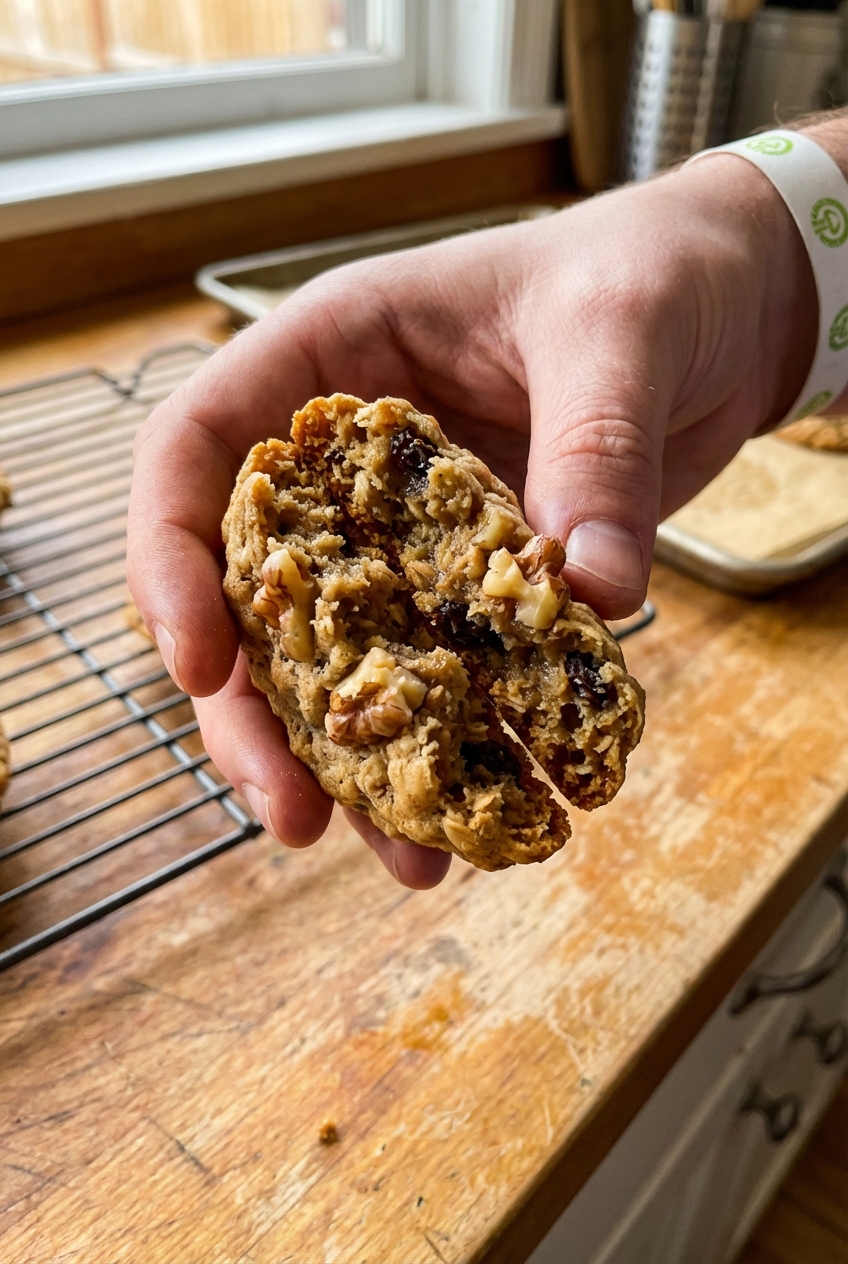 A hand holding a freshly baked oatmeal cookie broken in half showing a chewy center and chopped nuts