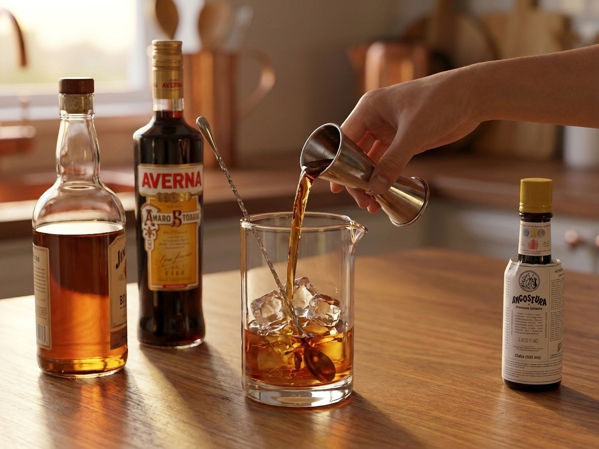 A hand holding a jigger over a mixing glass while measuring whiskey on a kitchen counter, with amaro and bitters bottles nearby