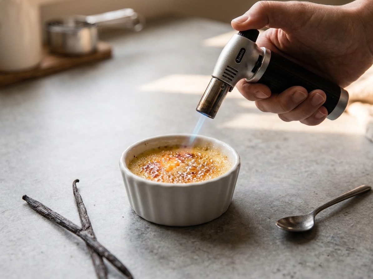 A hand holding a kitchen torch caramelizing sugar on top of a chilled creme brulee in a ramekin on a stone countertop