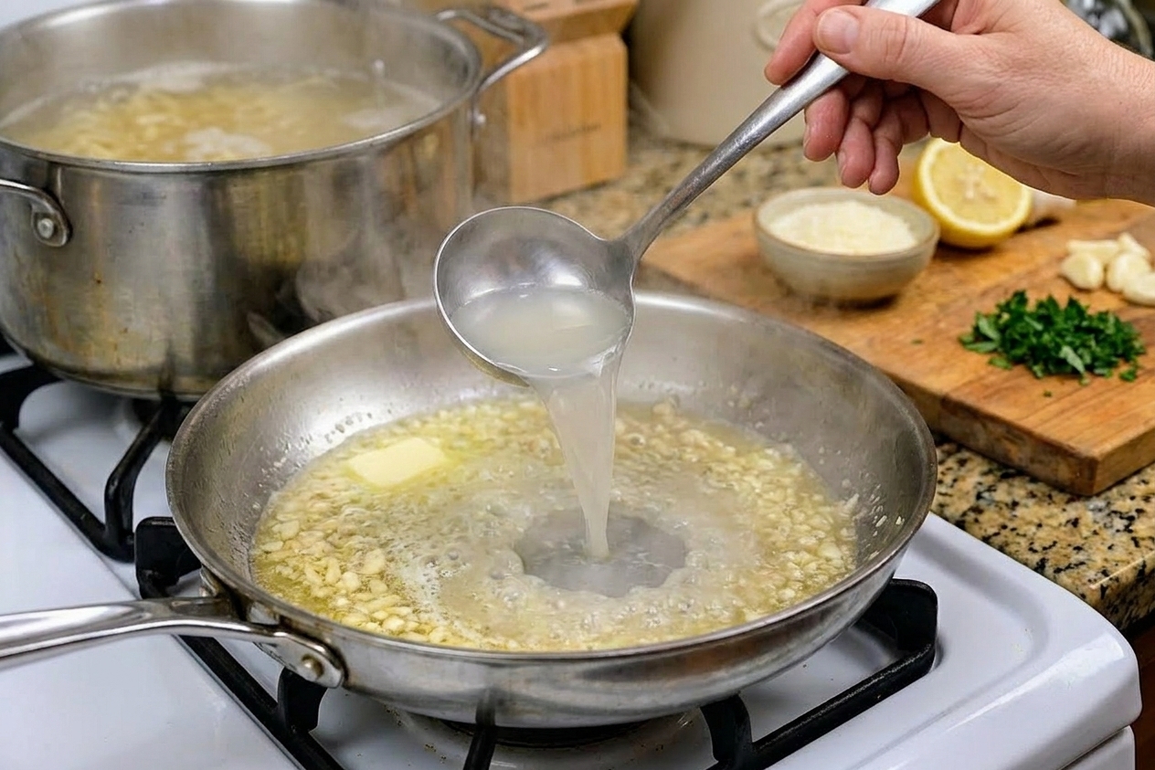 A hand holding a ladle of steaming pasta water over a skillet with garlic and butter sauce beginning to emulsify on a stovetop