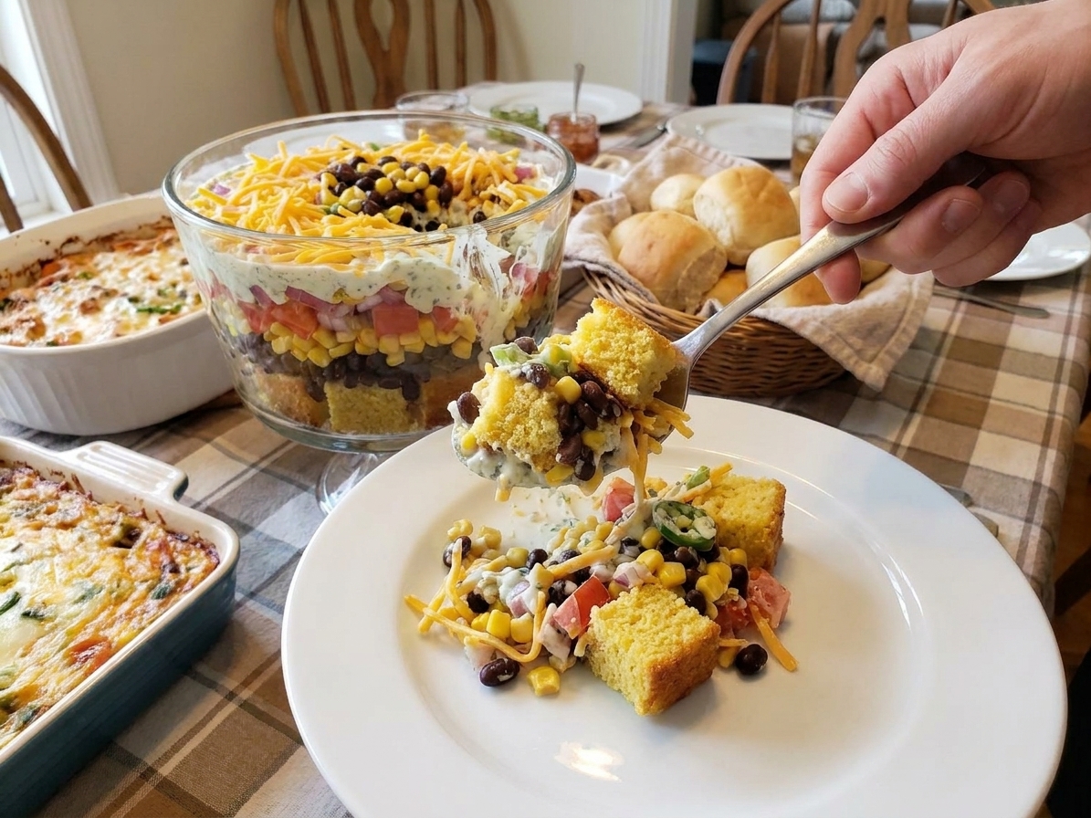 A hand holding a large spoon scooping cornbread salad from a bowl onto a plate at a potluck table