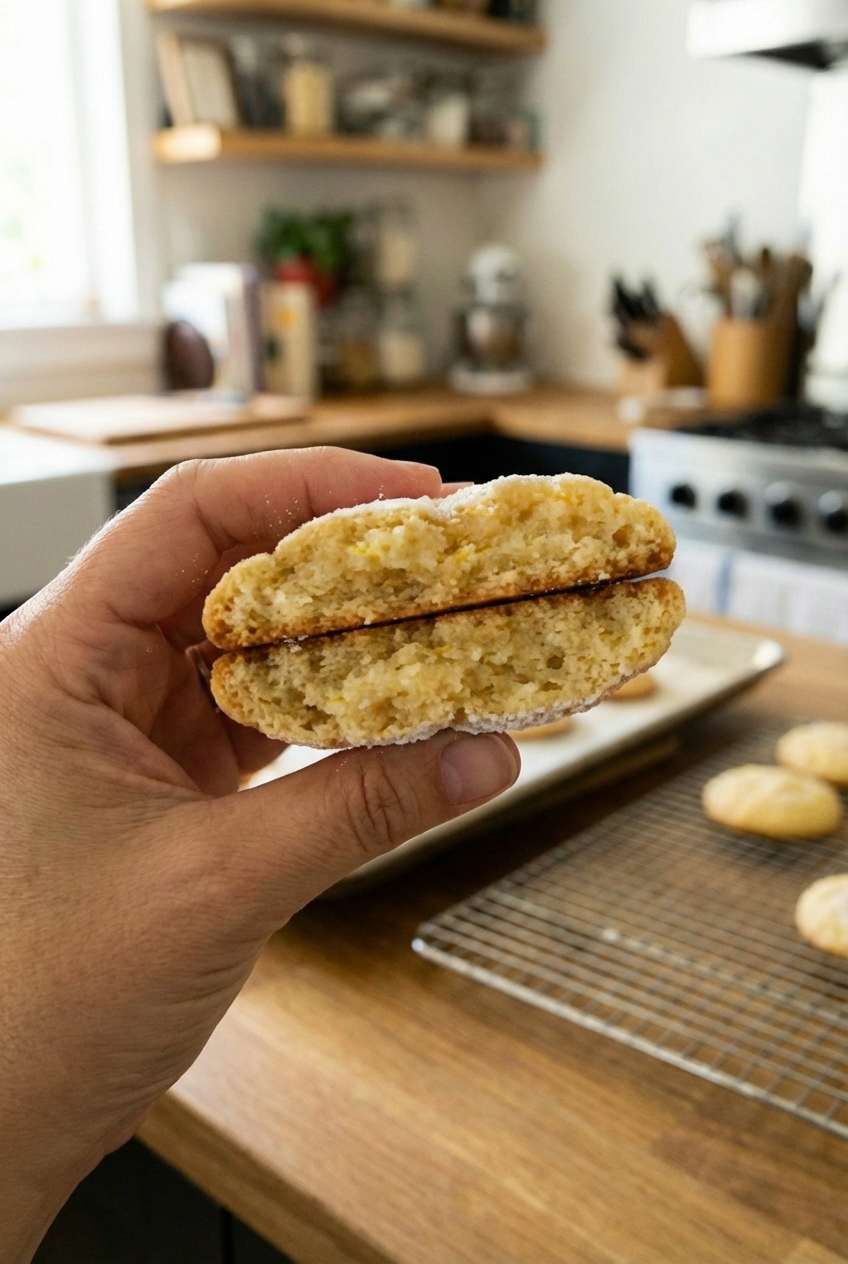 A hand holding a lemon cookie broken in half showing a soft, tender interior