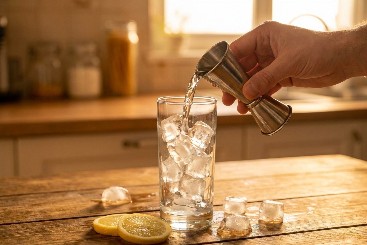 A hand holding a metal jigger over a highball glass filled with ice, measuring clear spirits for an AMF cocktail on a home bar counter