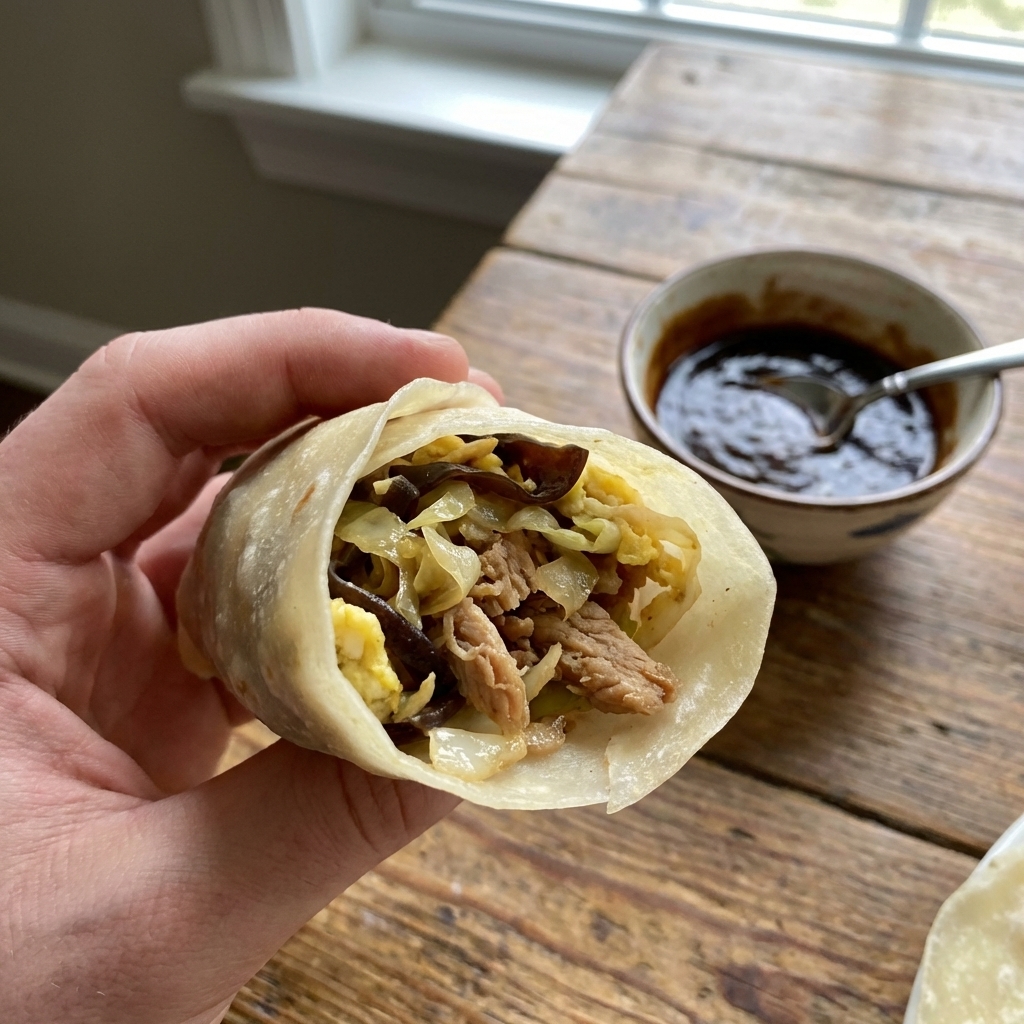 A hand holding a rolled moo shu pork pancake filled with pork, cabbage, mushrooms, and egg, with a small bowl of hoisin sauce in the background, realistic food photography
