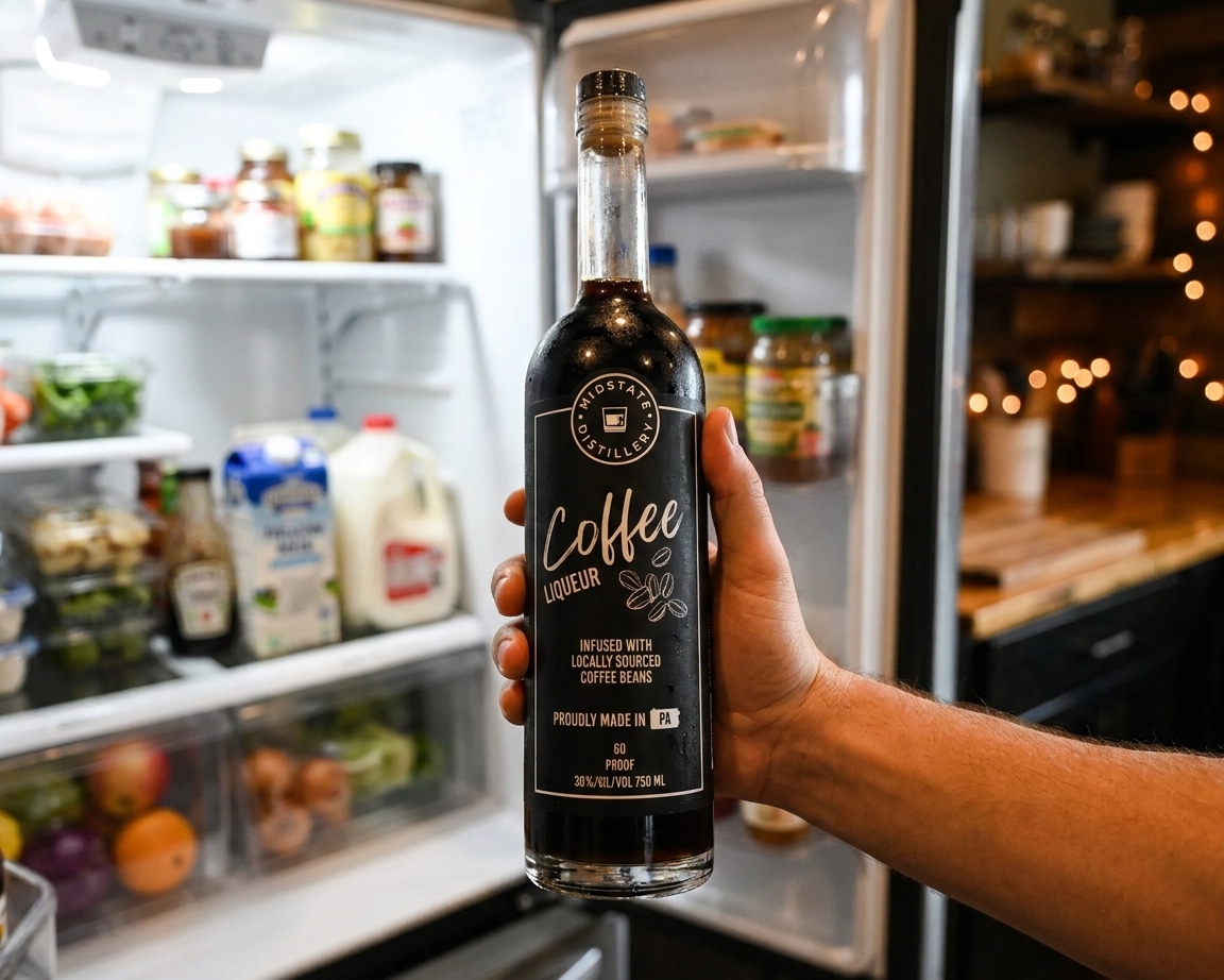 A hand holding a sealed glass bottle of dark coffee liqueur in front of an open refrigerator shelf
