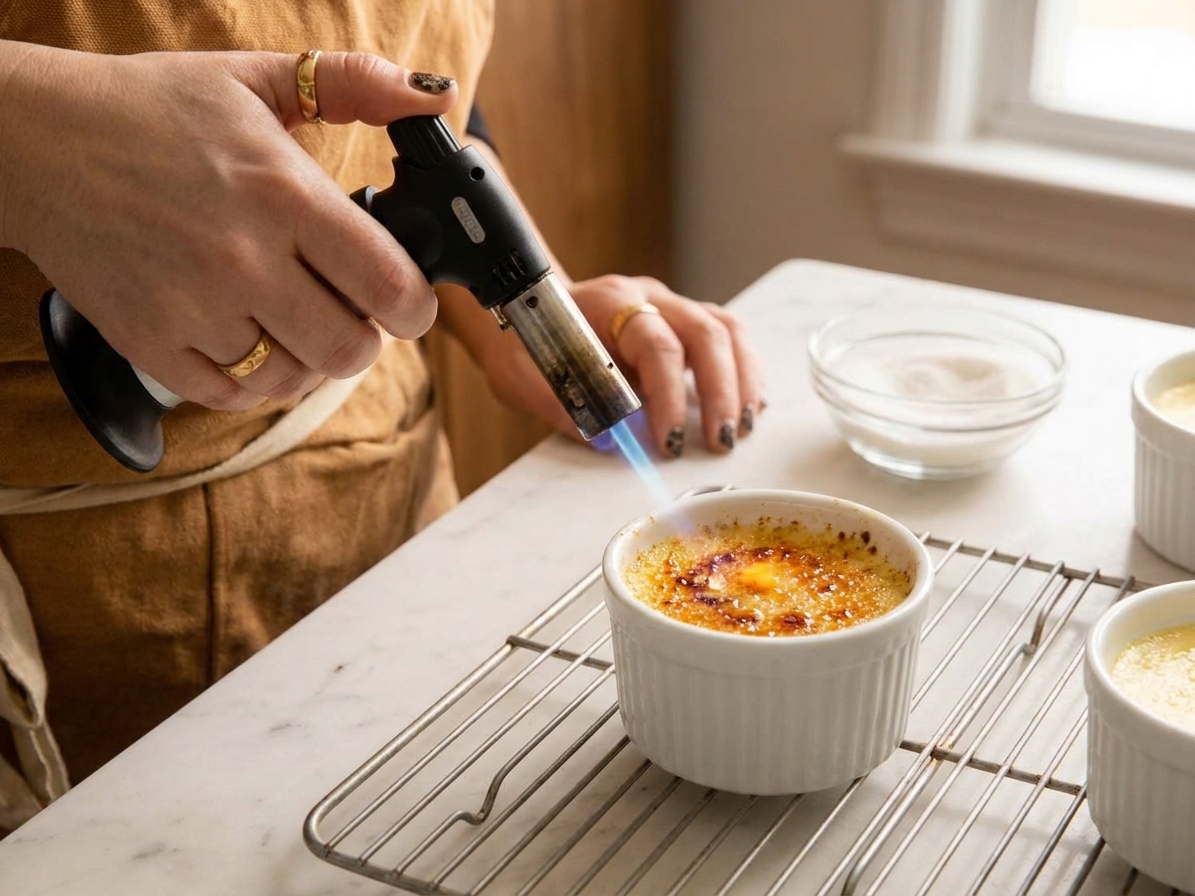A hand holding a small kitchen torch caramelizing sugar on top of a chilled ramekin of creme brulee on a kitchen counter