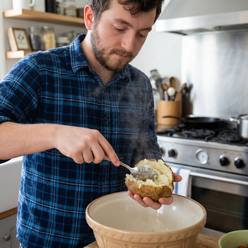 A hand holding a split baked potato while the fluffy interior is being scooped into a mixing bowl