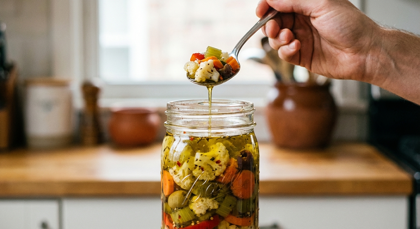 A hand holding a spoon scooping Chicago-style giardiniera from a glass jar, with visible layers of pickled vegetables and oil, kitchen background softly blurred, photorealistic food photography