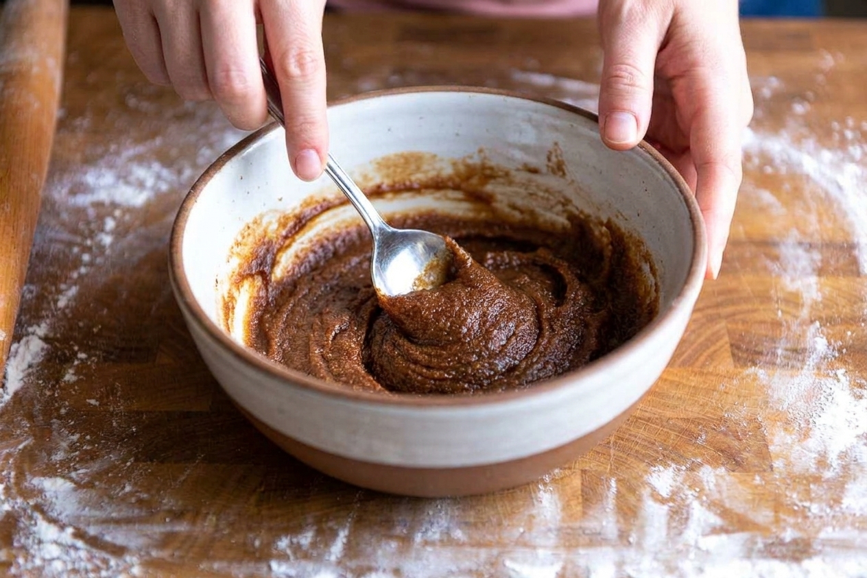A hand holding a spoon stirring a thick cinnamon brown sugar filling in a mixing bowl on a kitchen counter