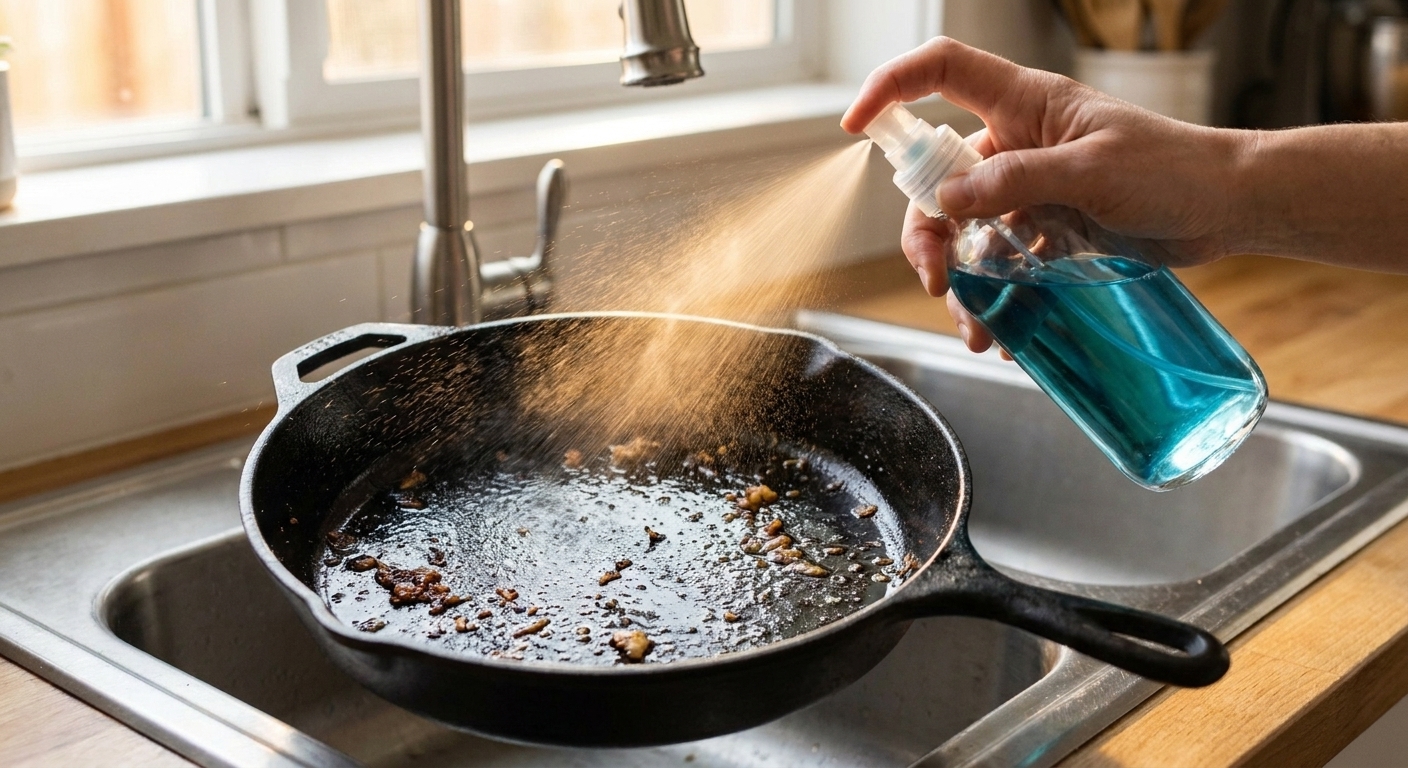 A hand holding a spray bottle misting a greasy skillet in a sink with warm light from a nearby kitchen window