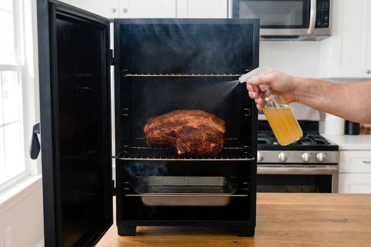 A hand holding a spray bottle spritzing an apple cider vinegar mixture onto a pork shoulder inside an open smoker
