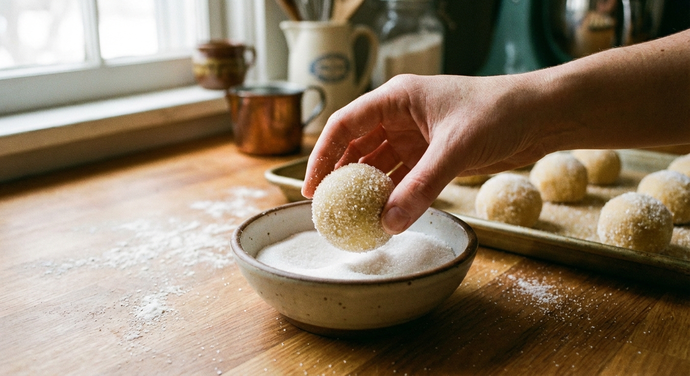A hand holding a sugar cookie dough ball being rolled in granulated sugar over a small bowl