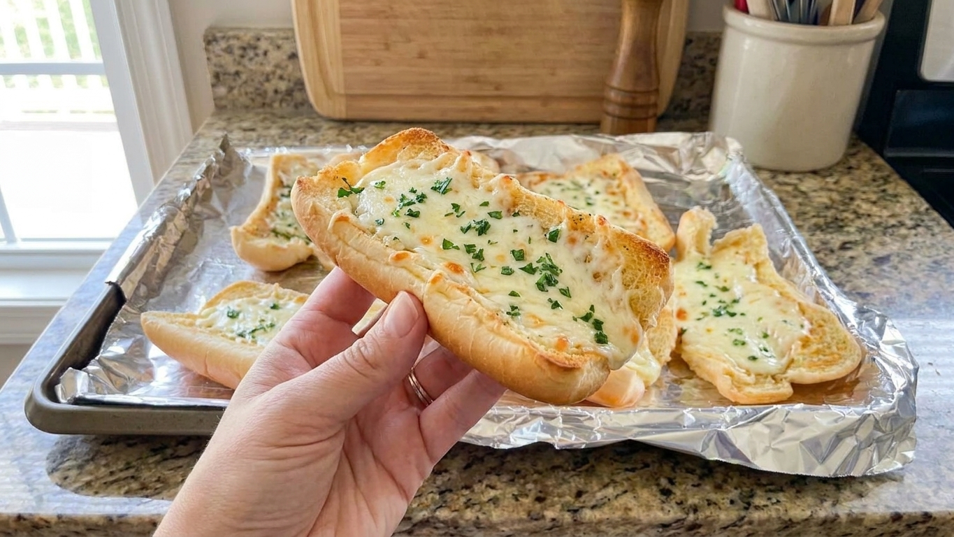 A hand holding a toasted hot dog bun half topped with melted cheese and parsley, with a sheet pan of buns in the background