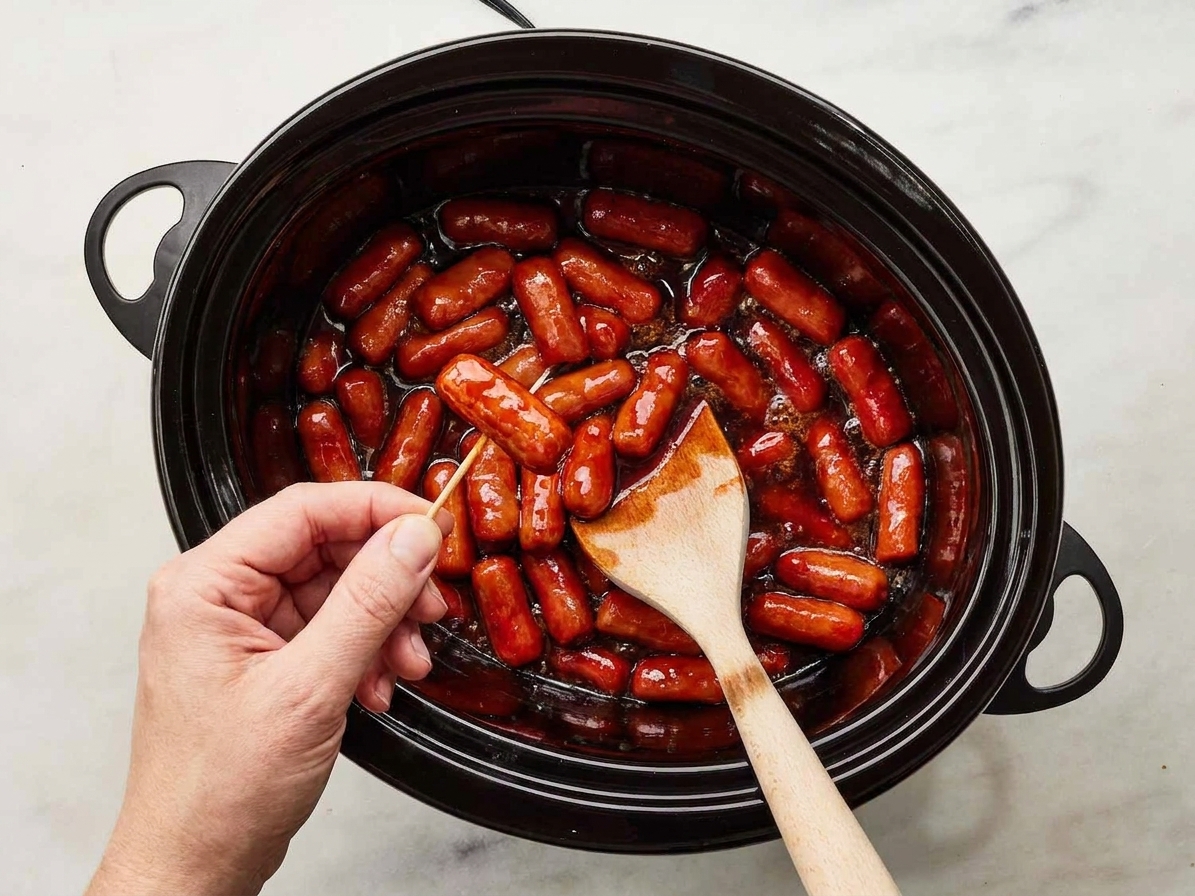 A hand holding a toothpick lifting a saucy lil smokie from a slow cooker while the rest bubble in a glossy sauce