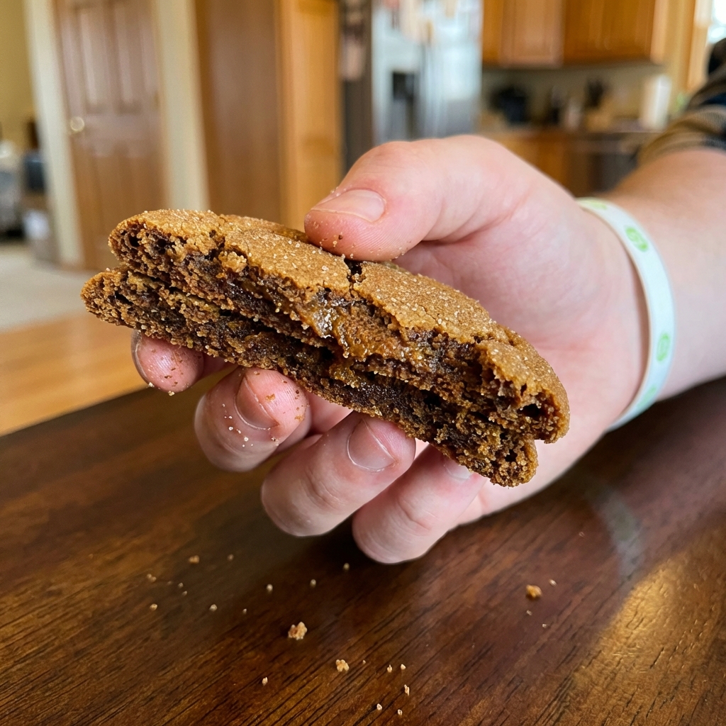 A hand holding a torn gingersnap cookie showing a soft chewy center