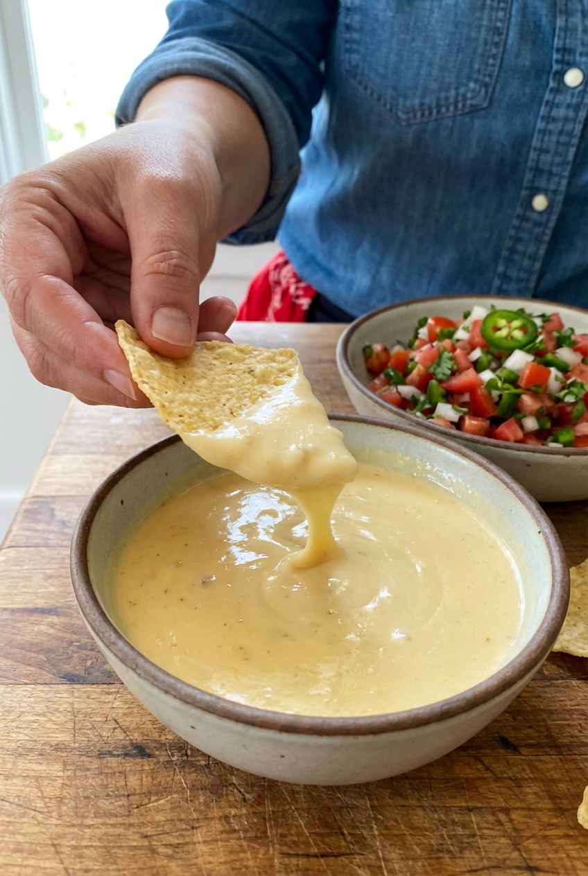 A hand holding a tortilla chip dipped in silky queso with pico de gallo in the background