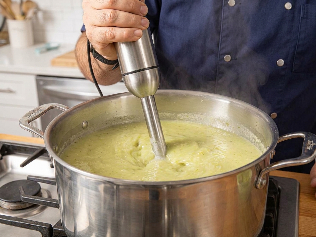 A hand holding an immersion blender in a pot of pale green celery soup on a stovetop, soup swirling as it blends