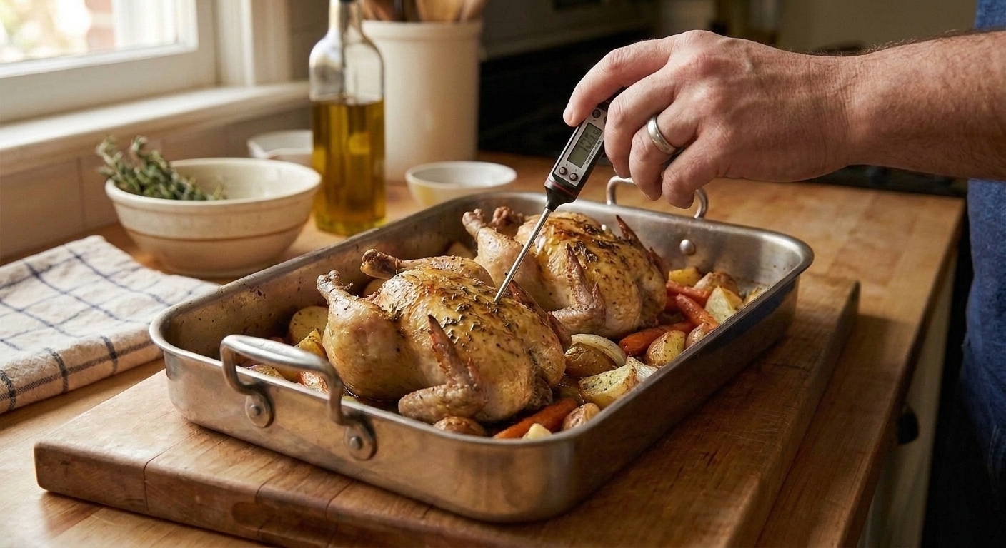 A hand holding an instant-read thermometer inserted into the breast of a roasted Cornish game hen in a roasting pan