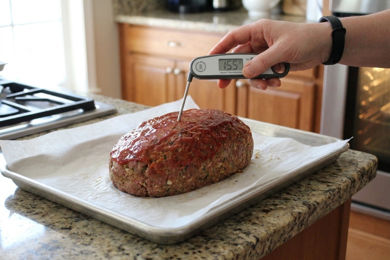 A hand holding an instant read thermometer inserted into the center of a glazed meatloaf on a sheet pan in a home kitchen