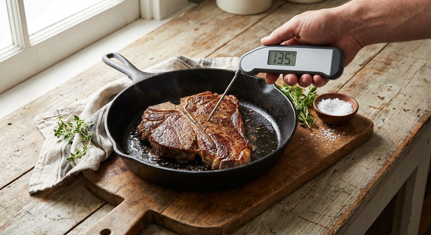 A hand holding an instant-read thermometer inserted into the thickest part of a cooked T-bone steak in a cast-iron skillet, avoiding the bone