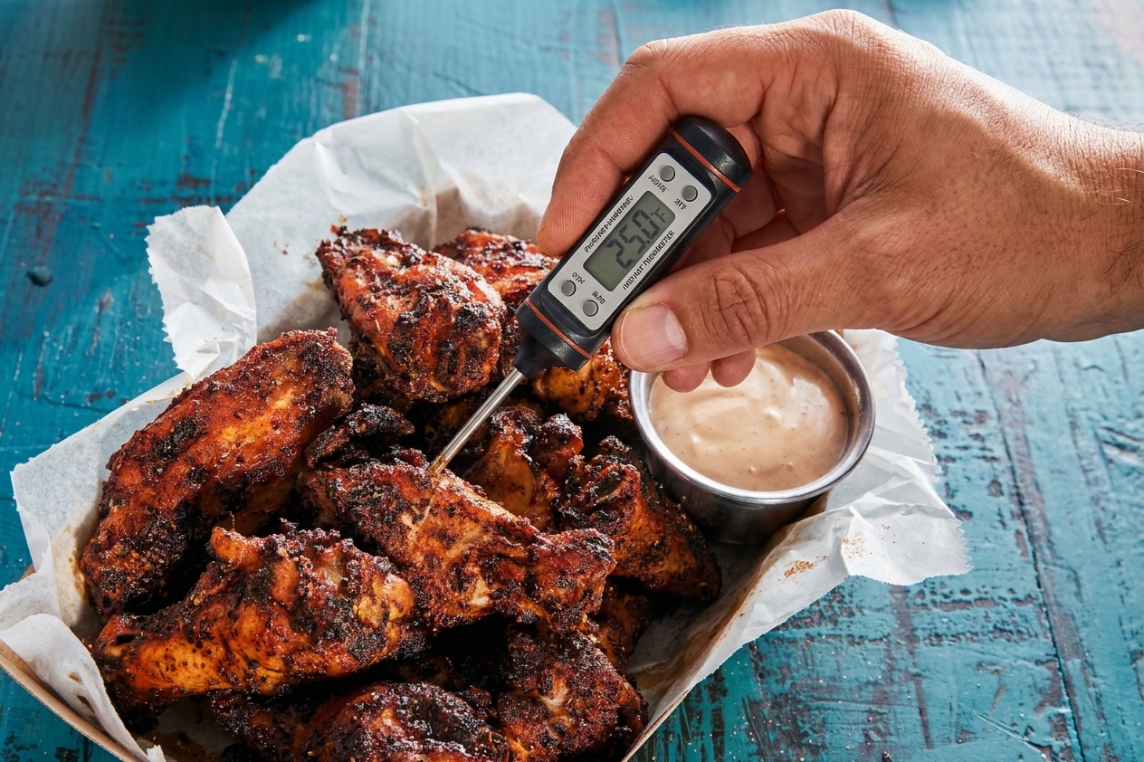 A hand holding an instant-read thermometer inserted into a cooked chicken wing on a tray under warm kitchen lighting