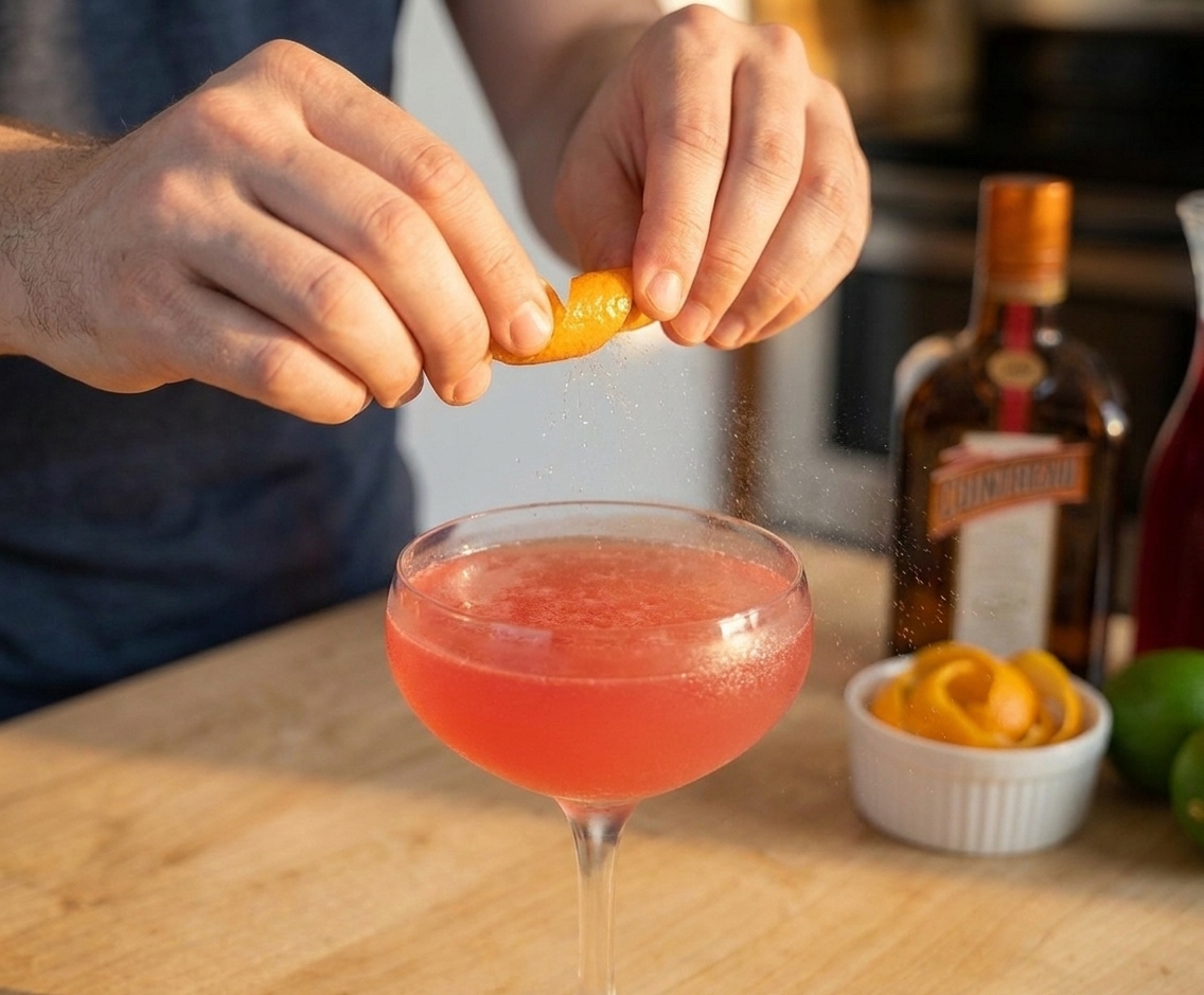 A hand holding an orange peel twist over a pink Cosmopolitan cocktail in a coupe glass, expressing citrus oils