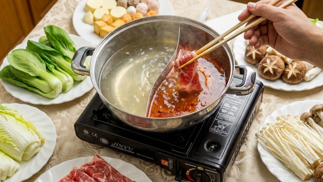 A hand holding chopsticks swishing a thin slice of beef through simmering broth in a wide pot at the dinner table