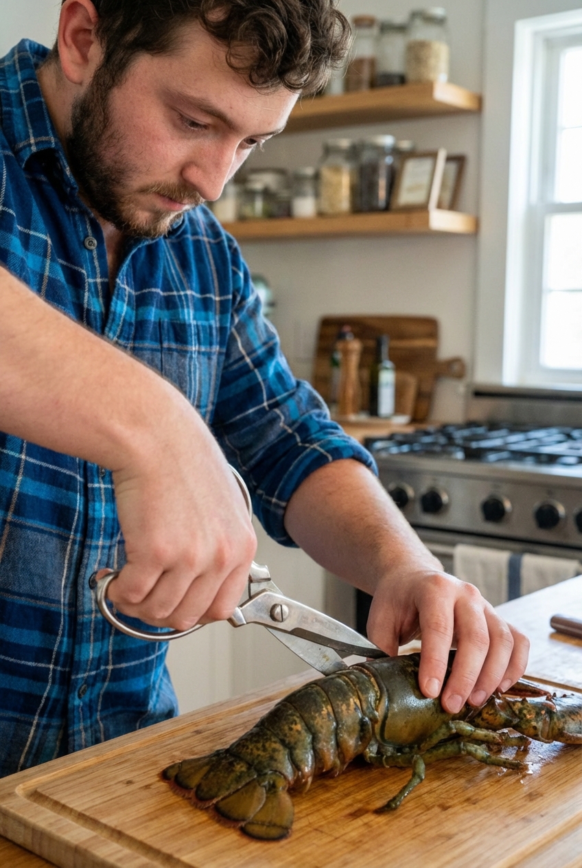 A hand holding kitchen shears cutting the top shell of a raw lobster tail on a cutting board