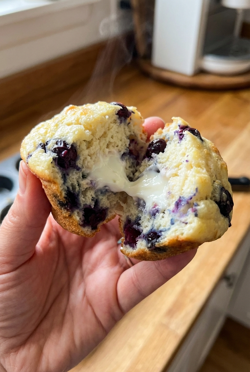 A hand holding one egg muffin broken open to show a fluffy interior with blueberries and a creamy yogurt streak