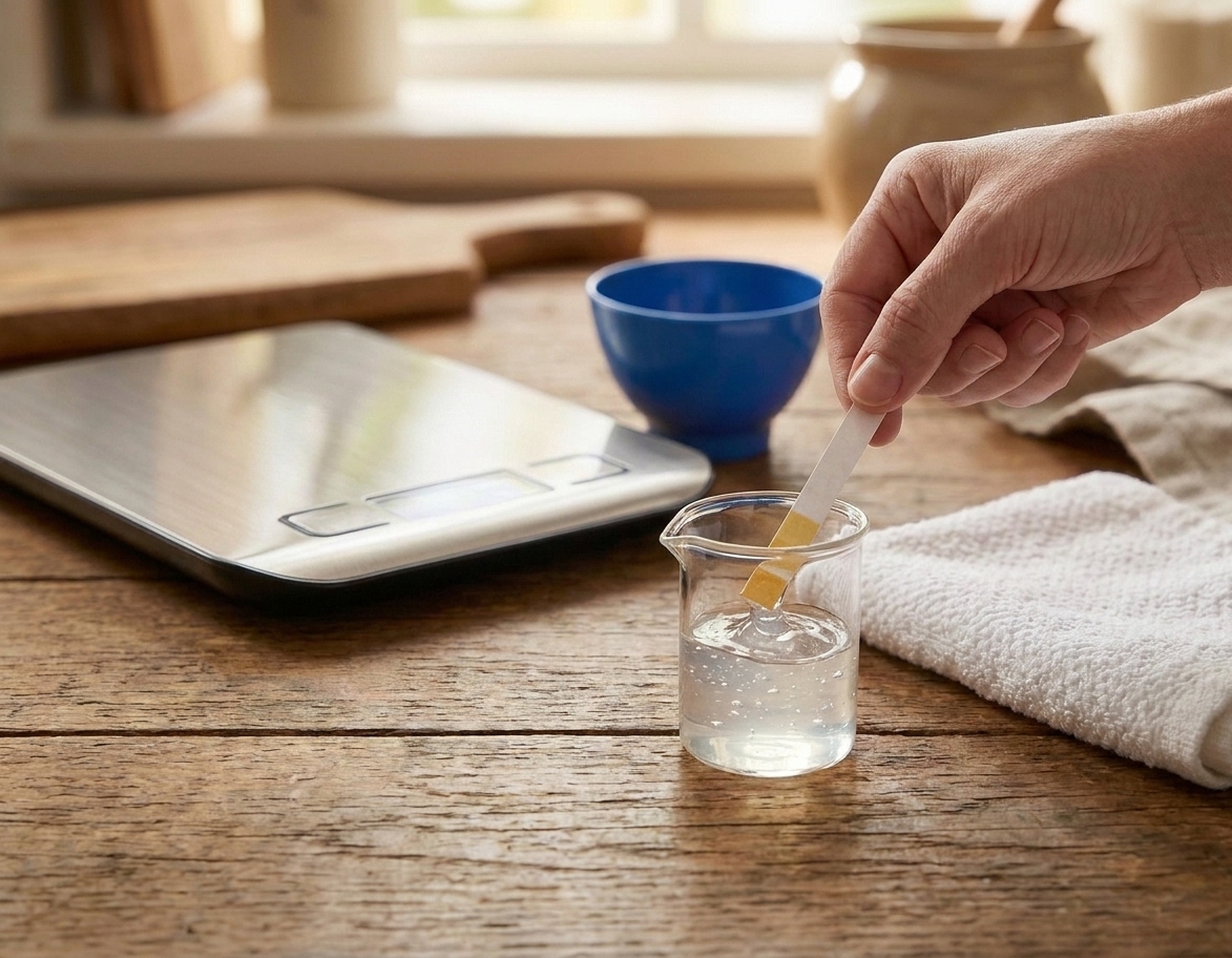 A hand holding pH test strips next to a small beaker of clear gel serum on a kitchen counter