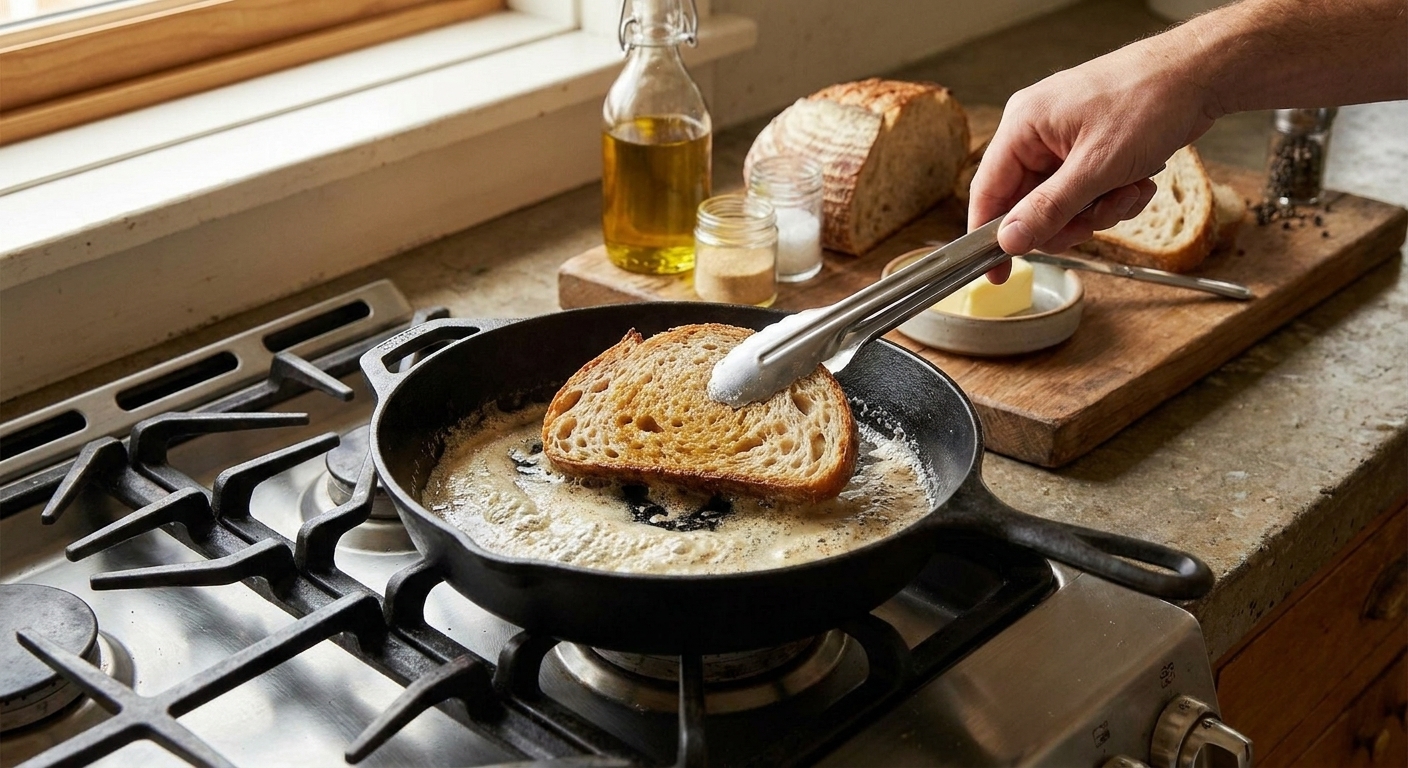 A hand holding tongs flipping a slice of bread in a buttered skillet with foaming butter bubbling around the edges