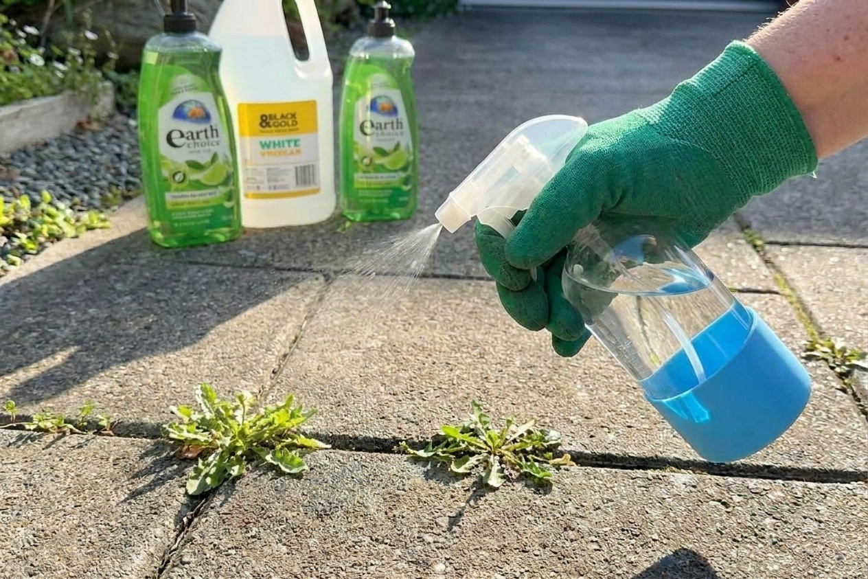 A hand in a gardening glove spraying a vinegar solution onto small weeds growing between patio pavers in bright afternoon light