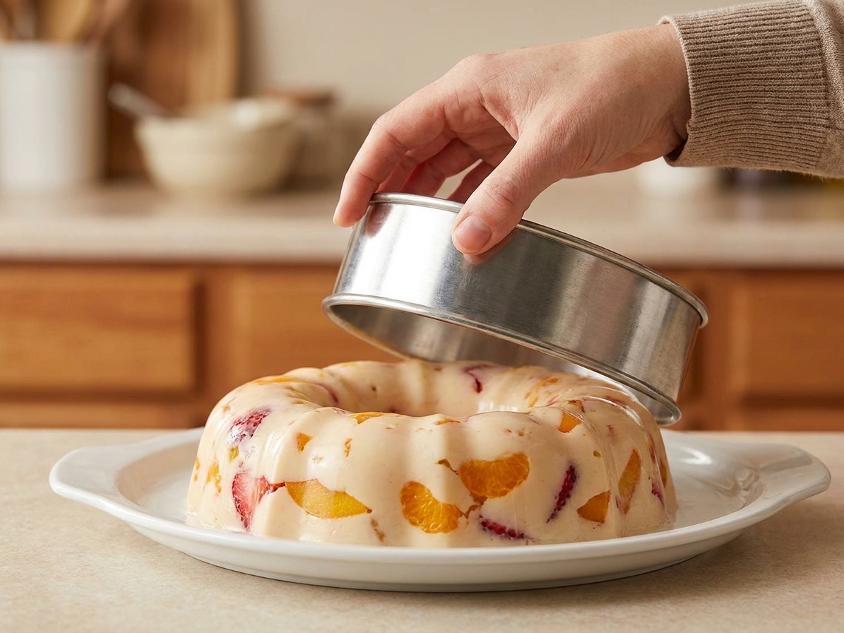 A hand inverting a gelatin mold onto a white serving platter, with the creamy fruit gelatin releasing in a clean ring shape
