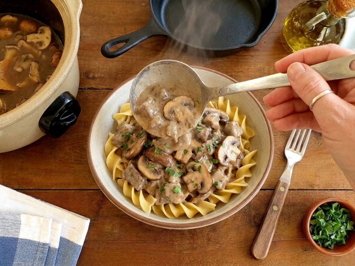 A hand ladling creamy beef stroganoff with mushrooms over egg noodles in a shallow bowl on a wooden table, warm kitchen lighting
