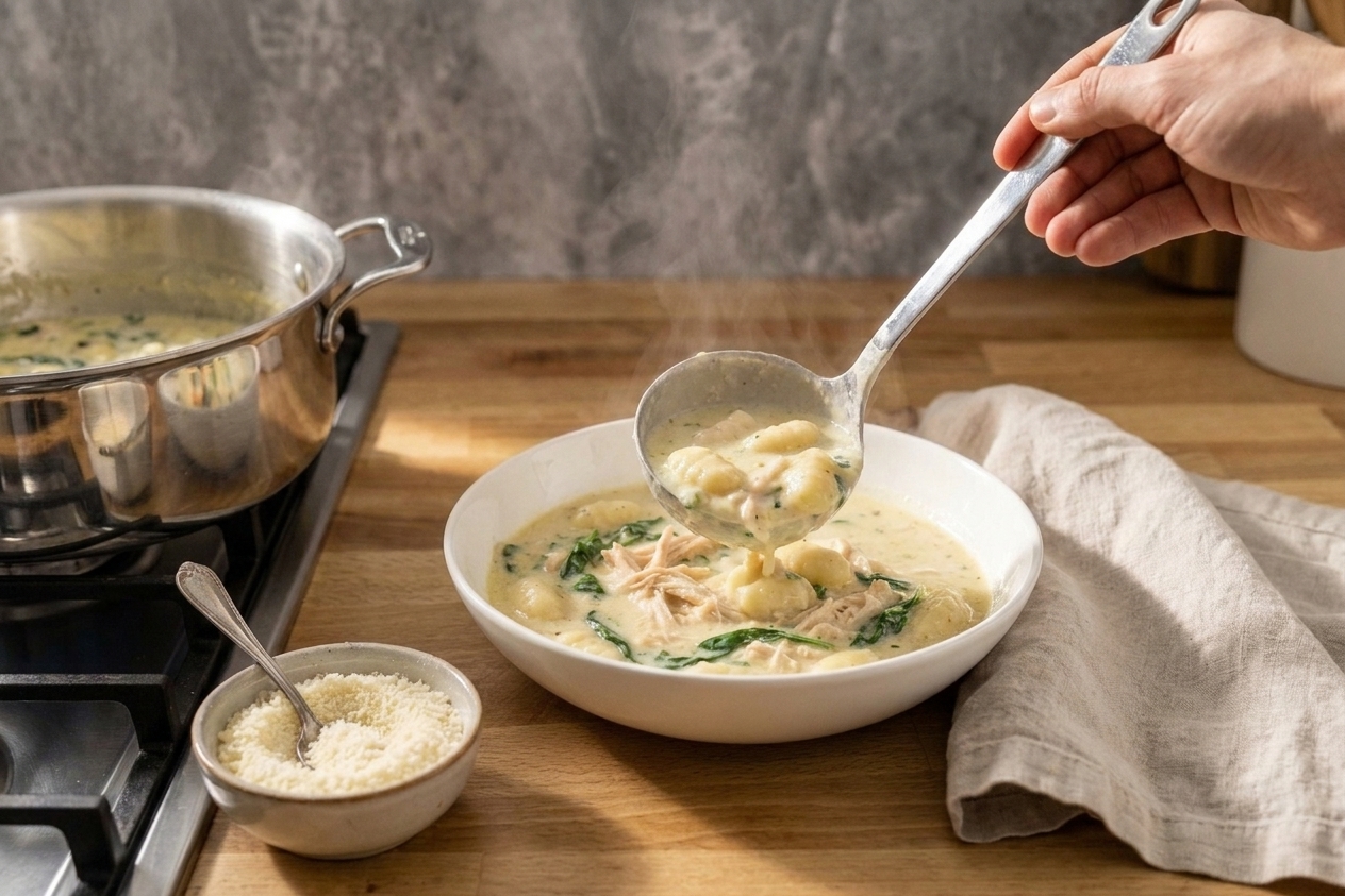 A hand ladling creamy chicken gnocchi soup into a bowl on a kitchen counter with Parmesan nearby
