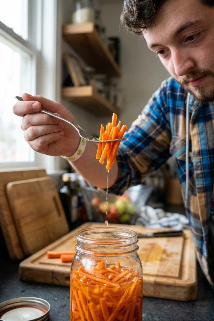 A hand lifting a forkful of quick pickled carrot matchsticks from a jar with brine dripping back into the jar