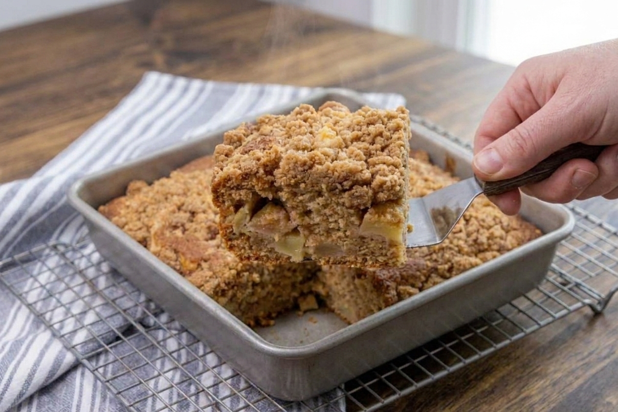 A hand lifting a slice of apple coffee cake from the pan with a spatula, showing a tender crumb with diced apples and a thick streusel top