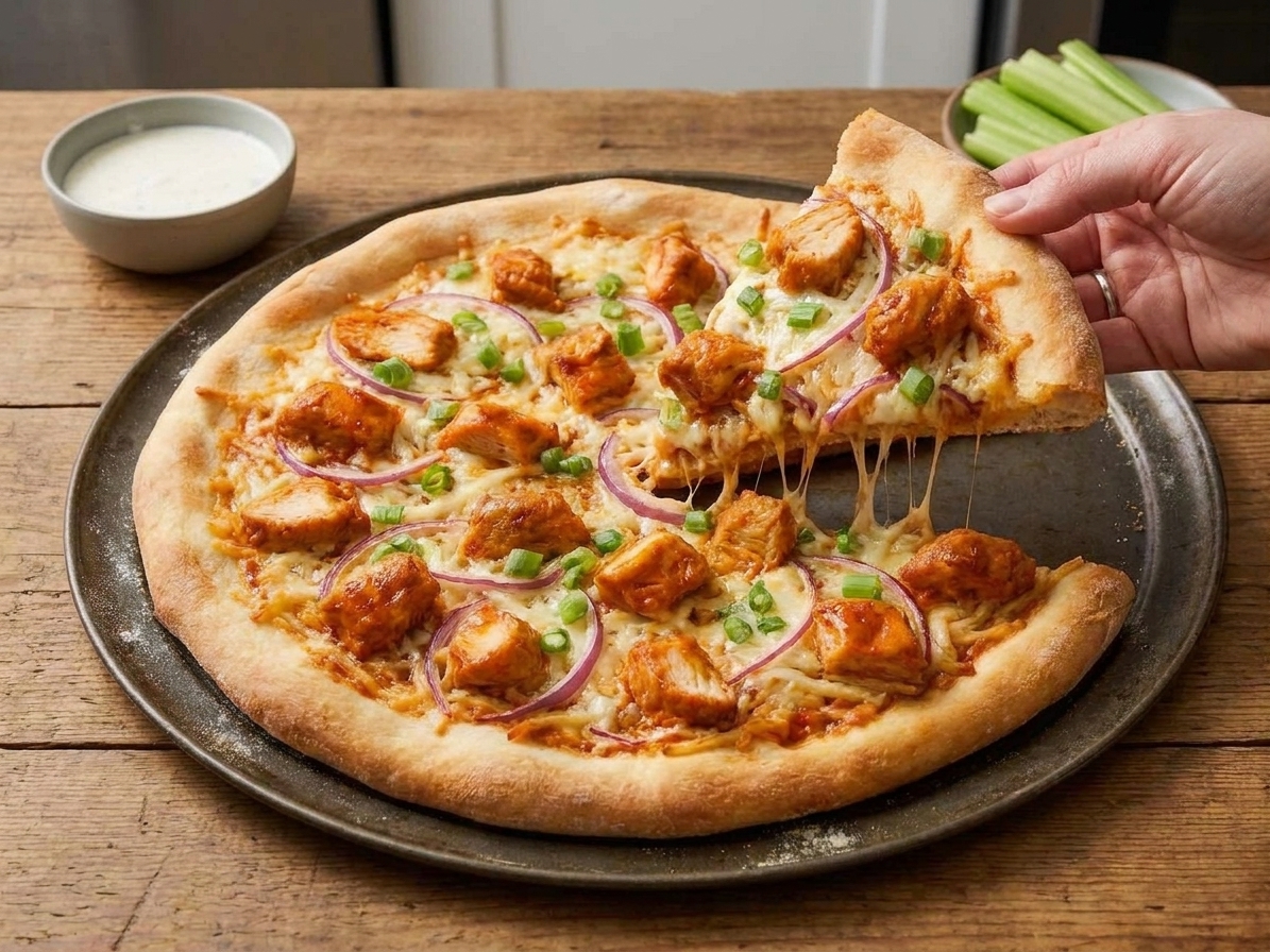 A hand lifting a slice of buffalo chicken pizza with melted cheese stretching from the pie, showing crisp crust and saucy chicken