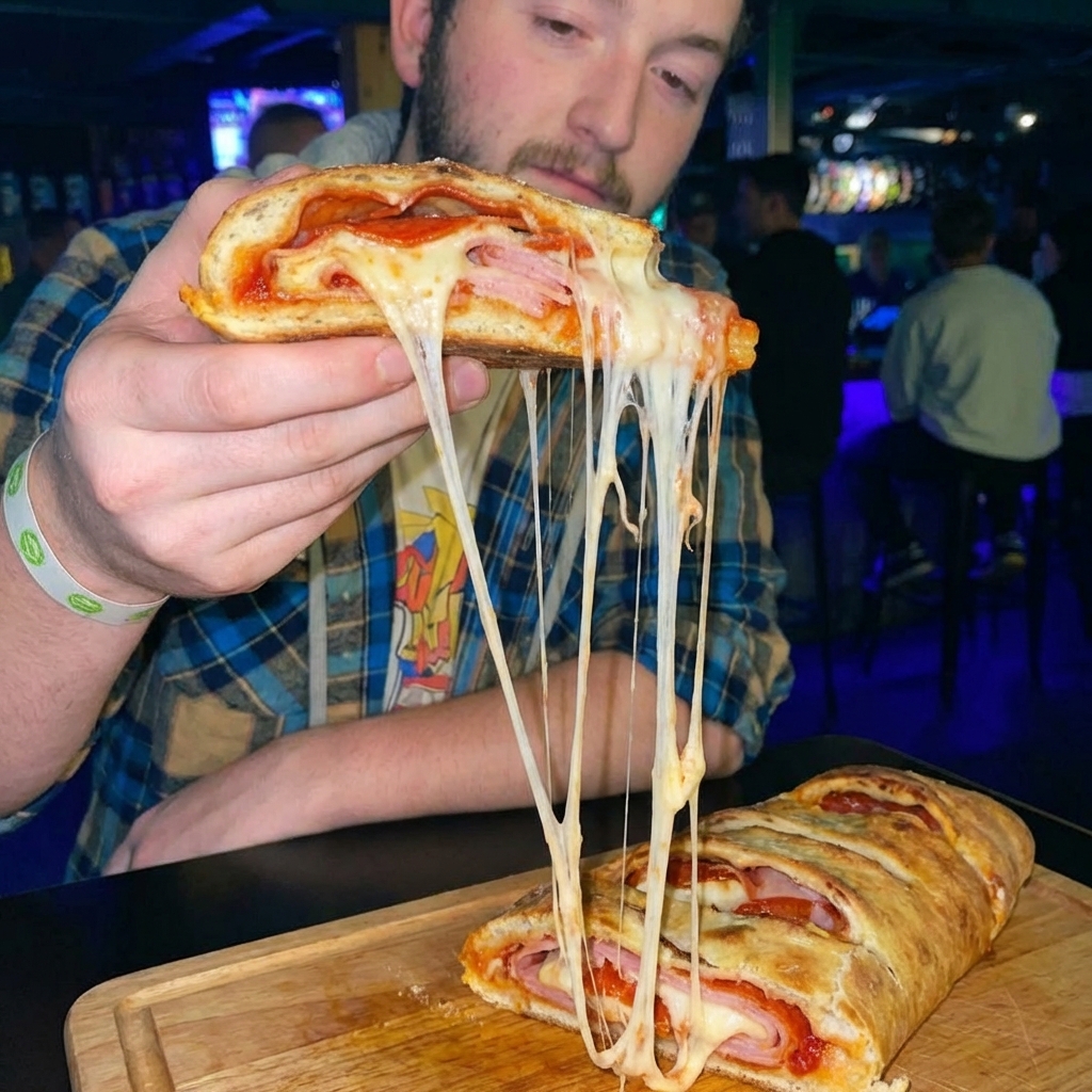 A hand lifting a slice of stromboli showing melted mozzarella stretching from the remaining loaf