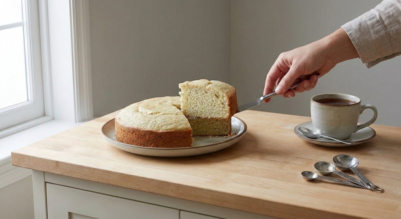 A hand lifting a slice of vanilla tea cake from a platter with a butter knife and a mug of tea nearby on a wooden table