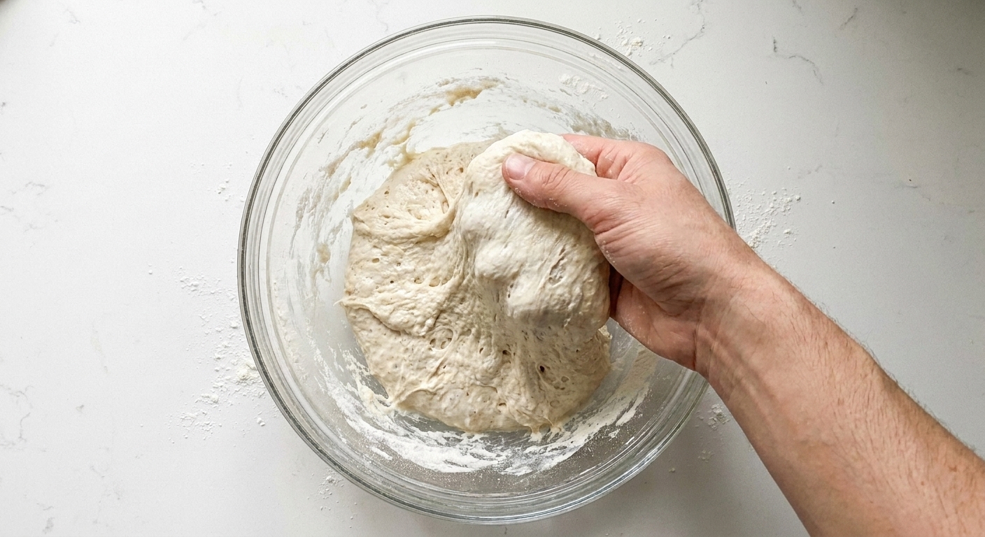 A hand lifting and folding elastic sourdough dough inside a bowl during stretch-and-fold on a countertop