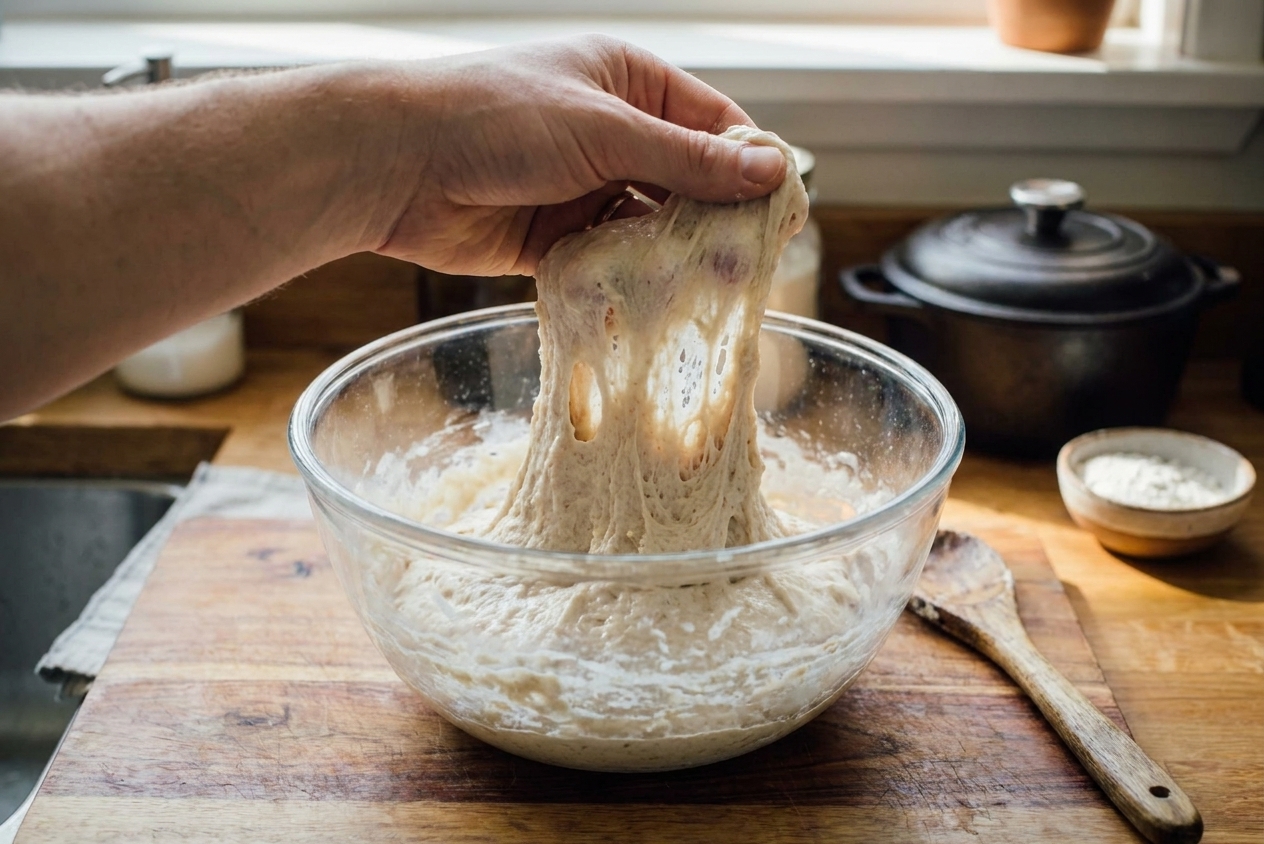 A hand lifting and folding elastic sourdough dough in a mixing bowl during a stretch-and-fold step