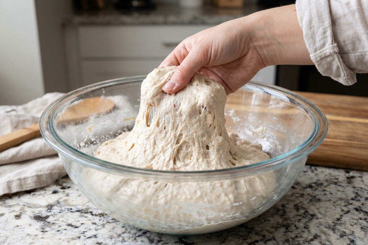 A hand lifting and folding sourdough dough in a glass bowl during a stretch and fold set on a kitchen counter