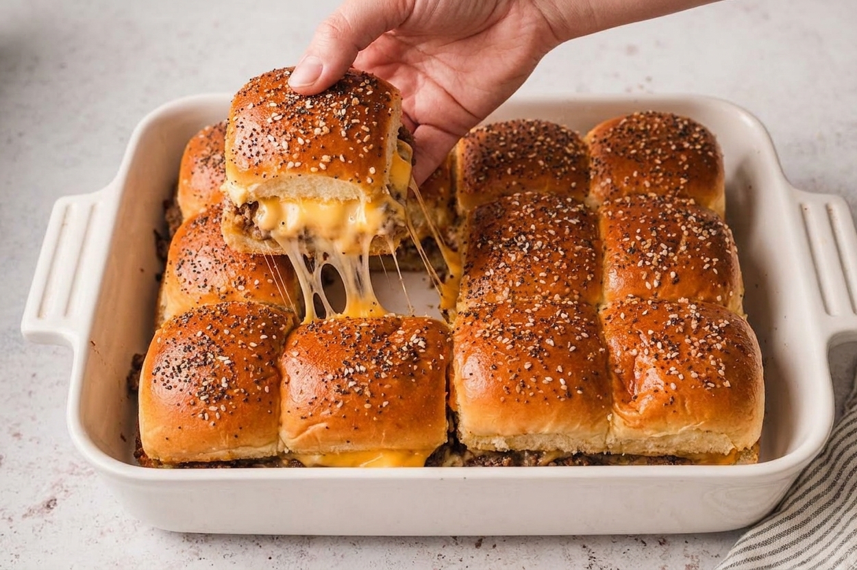 A hand lifting one cheeseburger slider from a baked tray, with melted cheese stretching slightly and golden butter-brushed tops