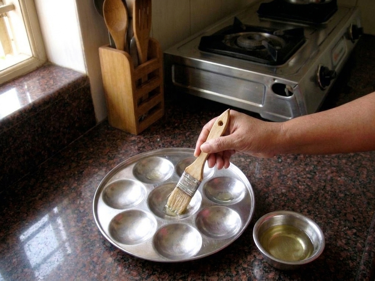 A hand lightly greasing stainless steel idli molds with oil using a small brush on a kitchen counter